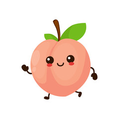 Cute funny running peach fruit. Vector hand drawn cartoon kawaii character