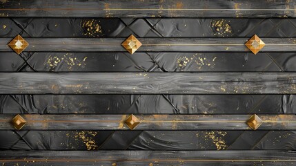 Naklejka premium High-quality 3D wallpaper blending grey washed wood, matte gold diamonds, black leather textures, and delicate golden horizontal stripes for a sophisticated and modern look.