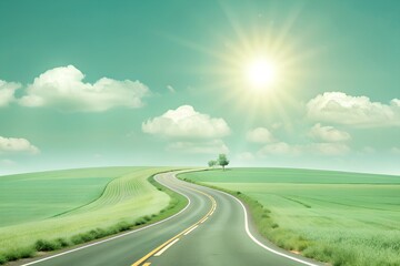 Serene Road through Lush Green Fields under Bright Sunlit Sky with Fluffy Clouds