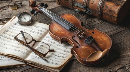 A classic musician's corner with a violin resting on sheet music, a metronome, and a pair of reading glasses, all set on a polished wooden table