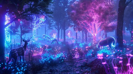 Obraz premium A digital art composition combining elements of cyberpunk and nature, featuring neon-lit trees and holographic animals