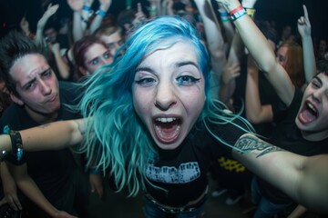 Young woman with blue hair singing along at a concert