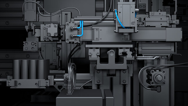 Dark wallpaper with mechanical parts of industrial equipment. Close-up of a machine with servos, actuators and linear motion system. Matte black elements with blue accents on the wires. 3d render