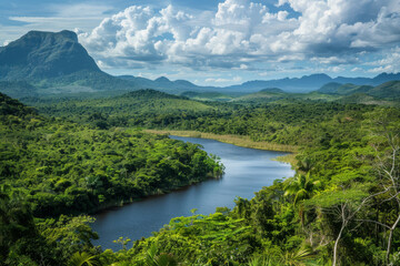 Obraz premium close up horizontal image of a tropical landscape on a sunny day, with a river flowing through a rainforest