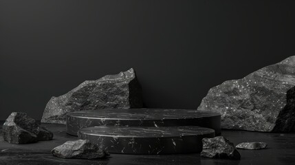 Black marble podium with rocks on a dark background