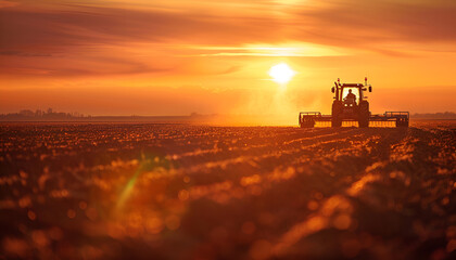 Fototapeta premium Agricultural workers with tractors. Ploughing a field with tractor at sunset