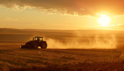 Fototapeta premium Agricultural workers with tractors. Ploughing a field with tractor at sunset