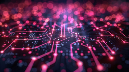 Obraz premium Neon circuit board lines texture background, communication technology concept creative background