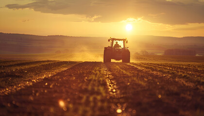 Fototapeta premium Agricultural workers with tractors. Ploughing a field with tractor at sunset