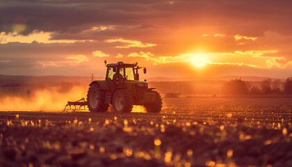 Fototapeta premium Agricultural workers with tractors. Ploughing a field with tractor at sunset