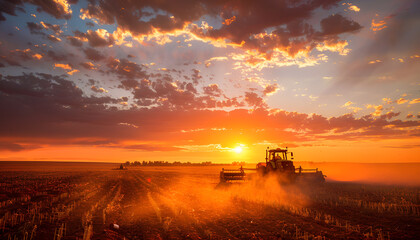 Fototapeta premium Agricultural workers with tractors. Ploughing a field with tractor at sunset