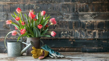 A springtime arrangement with a vase of tulips, a watering can, and gardening gloves, set on a rustic wooden table
