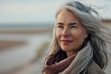 Close-up portrait of a smiling elderly woman with gray hair outdoors on a windy day