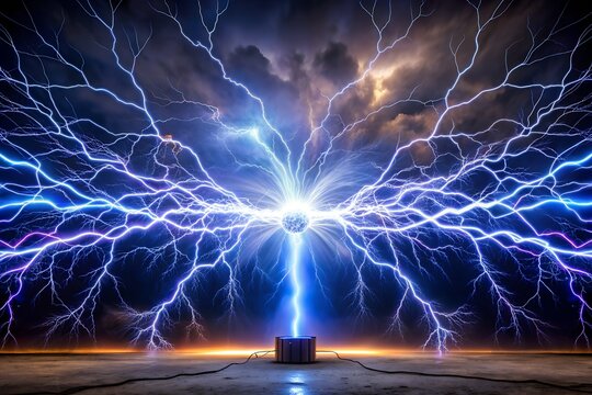 Electric Energy Burst: Surreal Lightning Storm in the Night Sky