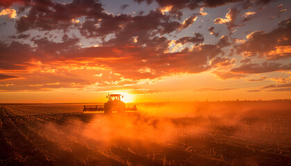 Agricultural workers with tractors. Ploughing a field with tractor at sunset