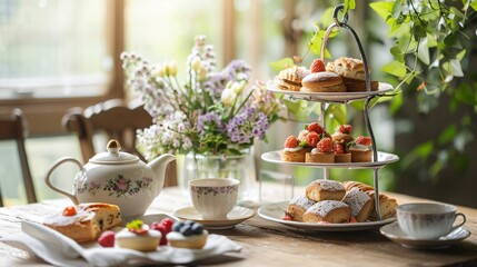 A tranquil tea time setup with a teapot, delicate teacups, a plate of assorted pastries, and a blooming flower arrangement