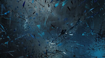 Shattered glass with white grain particles, dust, and scratches creating a worn texture on a dark blue abstract background