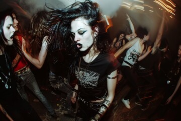 Fototapeta premium Woman with long black hair dancing at a dark, crowded nightclub