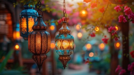 Ornate Lanterns Hanging in a Garden Setting