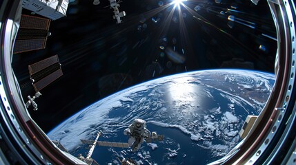 Close up of an astronaut conducting a spacewalk outside the International Space Station, highlighting the equipment and the curvature of the Earth in the background