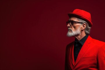 Obraz premium A man in a red suit and hat stands in front of a red background