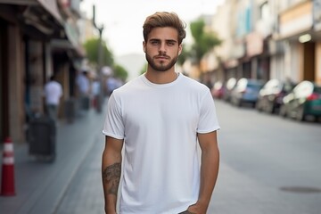A man in a white shirt stands on a sidewalk in front of a building