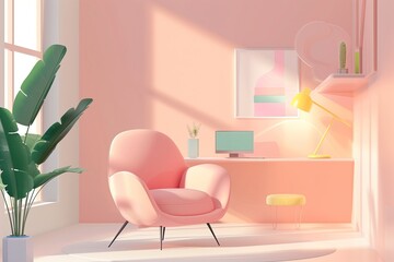 A soft pink armchair and a desk set against a peach fuzz wall with a framed artwork, a plant in the corner, a laptop and a yellow lamp. A 3D illustration of a workspace in pastel colors