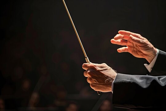 Gesture. Bandmaster. Orchestra conductor holding a baton. Musical performance at a concert hall. Copy space. Theater. Maestro. Director. Leader. Wand. Choir conductor. Command. Audience