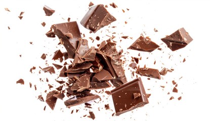 Chocolate bar pieces exploding in mid-air