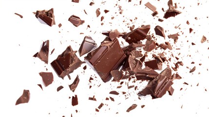 Chocolate bar exploding into chunks against white background