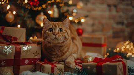 Orange tabby cat posing near christmas presents