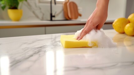Cleaning a kitchen countertop with a soapy sponge