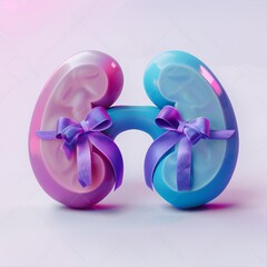 Fototapeta premium 3d render style kidneys with awareness ribbon on white background Generative Ai 