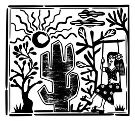 Brazilian northeast cordel style. Girl swinging on a swing. Woodcut illustration