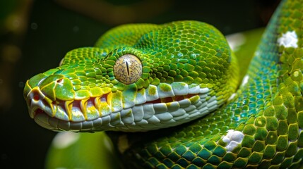 Obraz premium Close-up of a Green Snake with Vibrant Scales and Eyes, Generative AI
