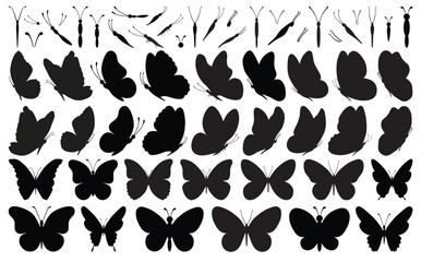 Set of black butterflies isolated on white background, collection of silhouettes. Butterfly black color, flying shape, vector design. Abstract modern monarch butterfly contours for decoration desig
