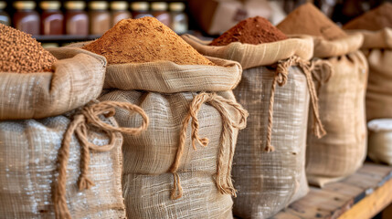 Obraz premium A row of bags of different colored spices are displayed on a wooden shelf