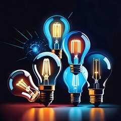 Glowing light bulbs on dark background. Idea concept. Vector illustration.