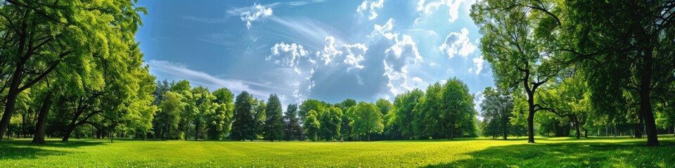 Obraz premium Trees And Sky. Summer Park View with Green Meadow and Panoramic Landscape