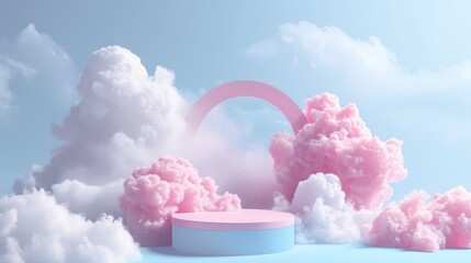 Pastel pink and white clouds with a blue podium and a pink arch