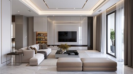 Fototapeta premium Living room with dynamic design, featuring a mix of 2D and 3D elements