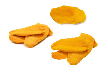 Dry tasty mango slices isolated on a white background.