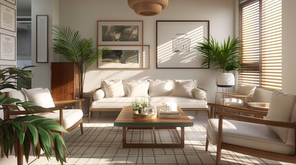 Living room with new nostalgia design, combining vintage furniture with modern accents