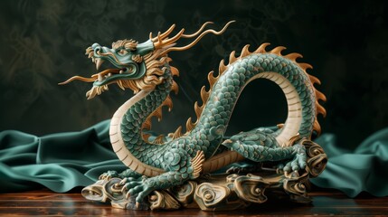 Obraz premium Elegant Green Dragon Sculpture on Wooden Base, Generative AI