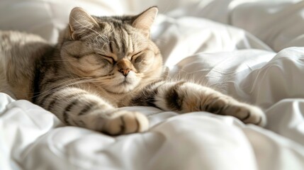 Scottish Fold cat relaxing on a white bed