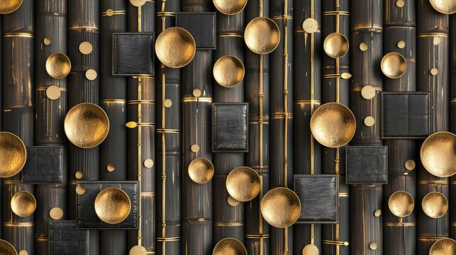 Seamless 3D wallpaper with a realistic texture of bamboo wood, matte gold circles, black leather squares, and thin golden vertical stripes, perfect for a refined and exotic decor.