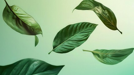 Several large, lush green leaves floating gracefully in a serene environment, the background a soft gradient from pale green to turquoise, symbolizing freshness and natural air cleansing.