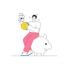 Man Saving Money in Piggy Bank Outline Illustration