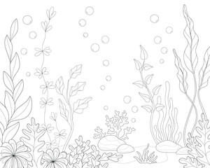 Fototapeta premium At the bottom of the ocean. Sandy bottom, stones and seaweed. Coloring.