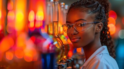 A young woman in a lab coat, wearing glasses, looks intently at glassware filled with colorful liquids, as she conducts an experiment